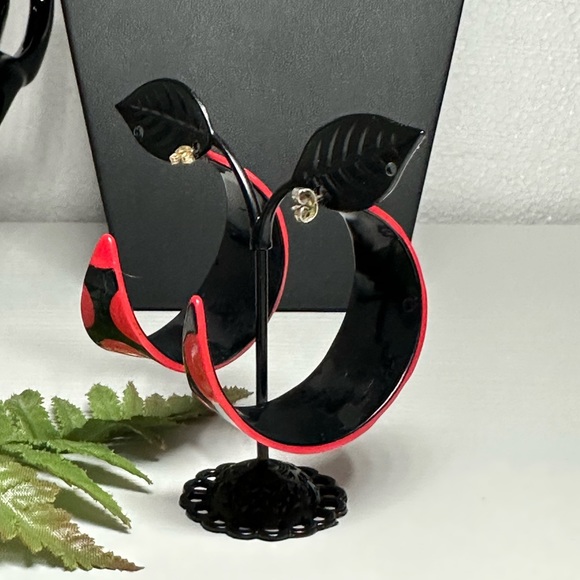 Large Half Moon Red Black Dot Women's Earrings - Picture 2 of 6